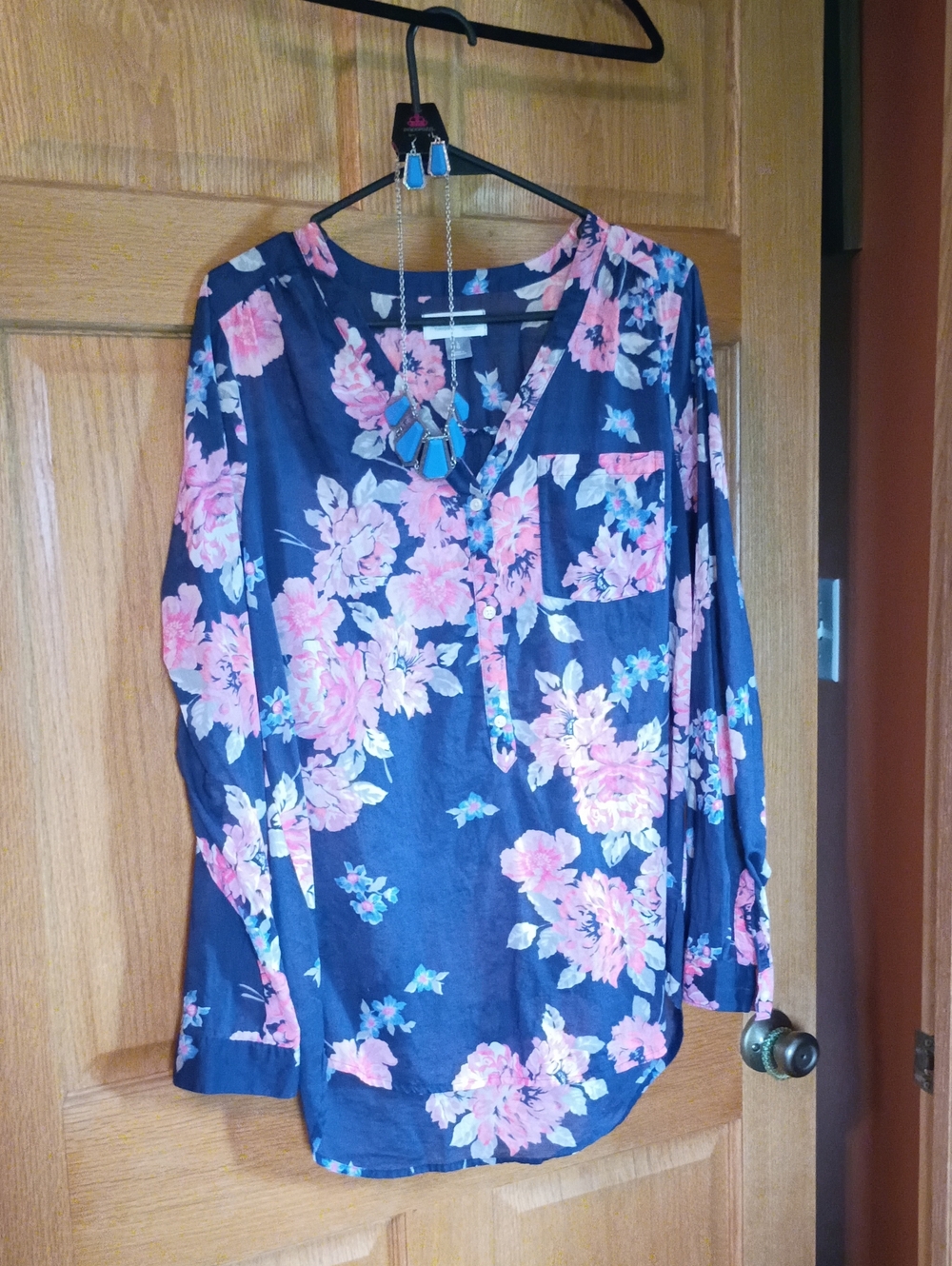 Old Navy Navy Floral V-Neck Button Henley Blouse